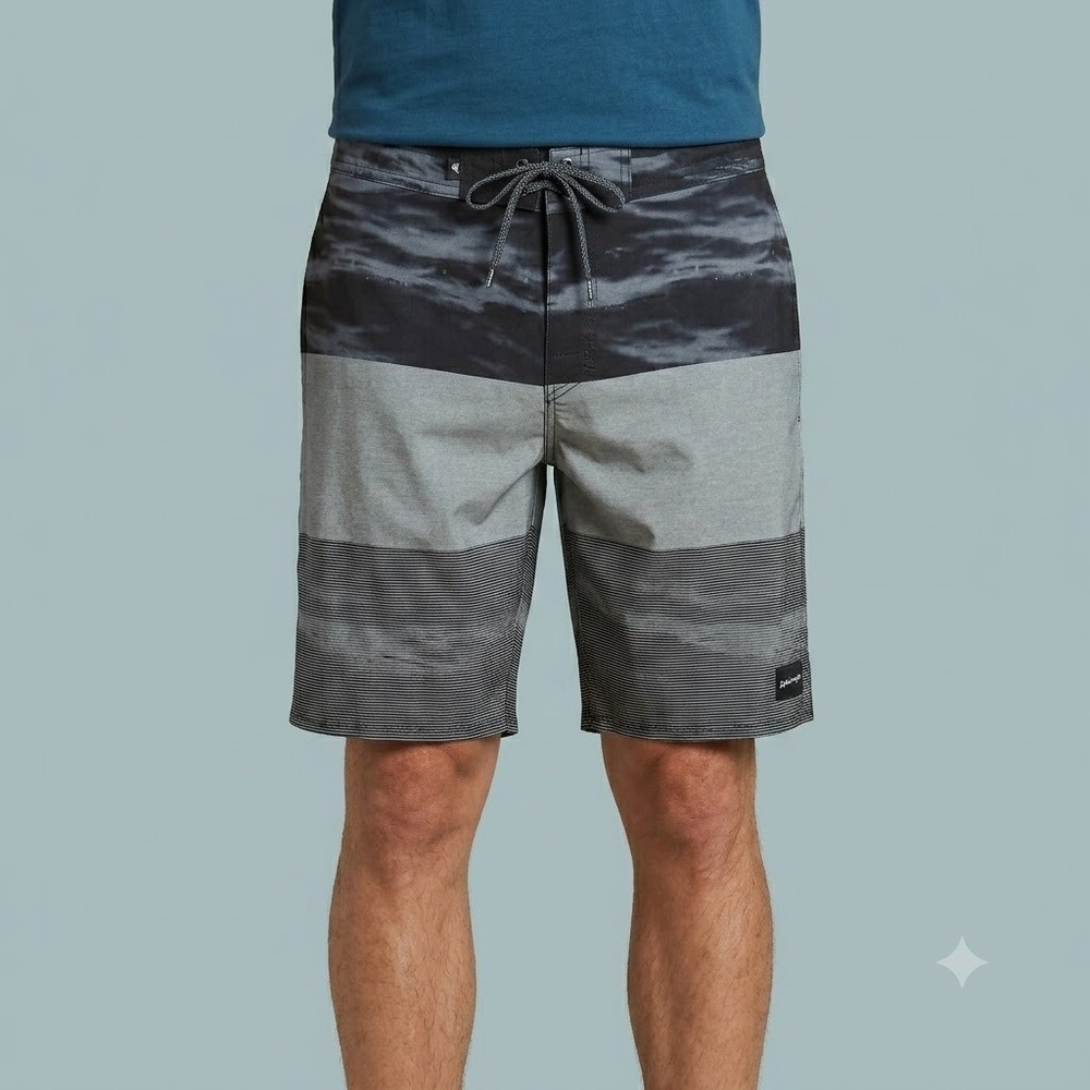 Quiksilver Board‎ Shorts Mens 32 Gray Black Striped Surf Swim Trunks Pockets